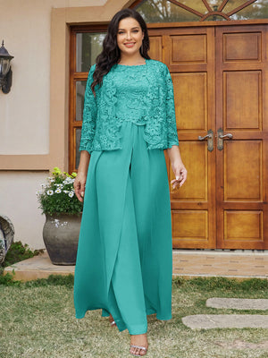 Lace Chiffon Square Neck 3/4 Sleeves 3 Pieces Plus Size Pantsuits with Appliques & Jacket
