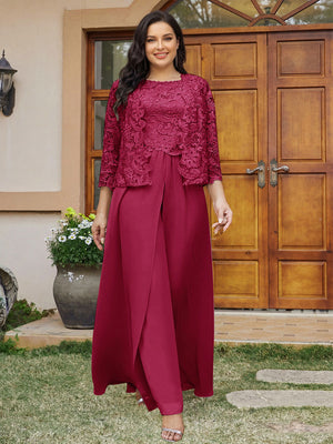 Lace Chiffon Square Neck 3/4 Sleeves 3 Pieces Plus Size Pantsuits with Appliques & Jacket