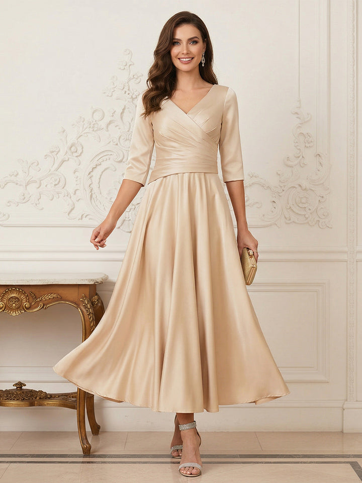 A-Line/Princess V-Neck Half Sleeves Ankle-Length Mother of the Bride Dresses with Ruffles