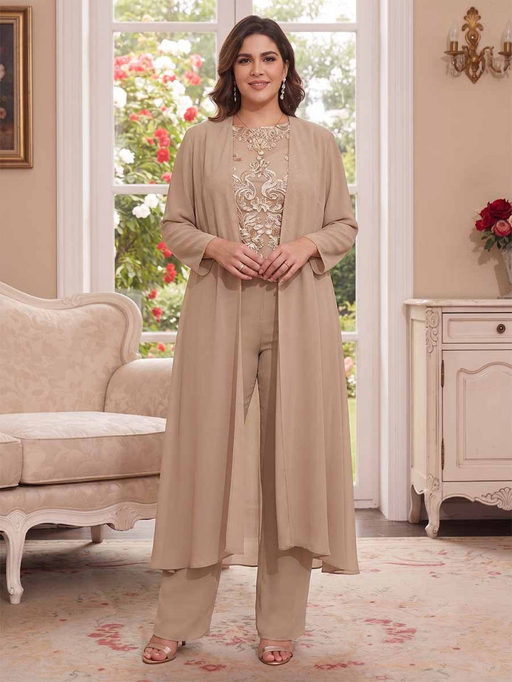 Chiffon Scoop Long Sleeves 3 Pieces Plus Size Pantsuits with Appliques &amp; Jacket