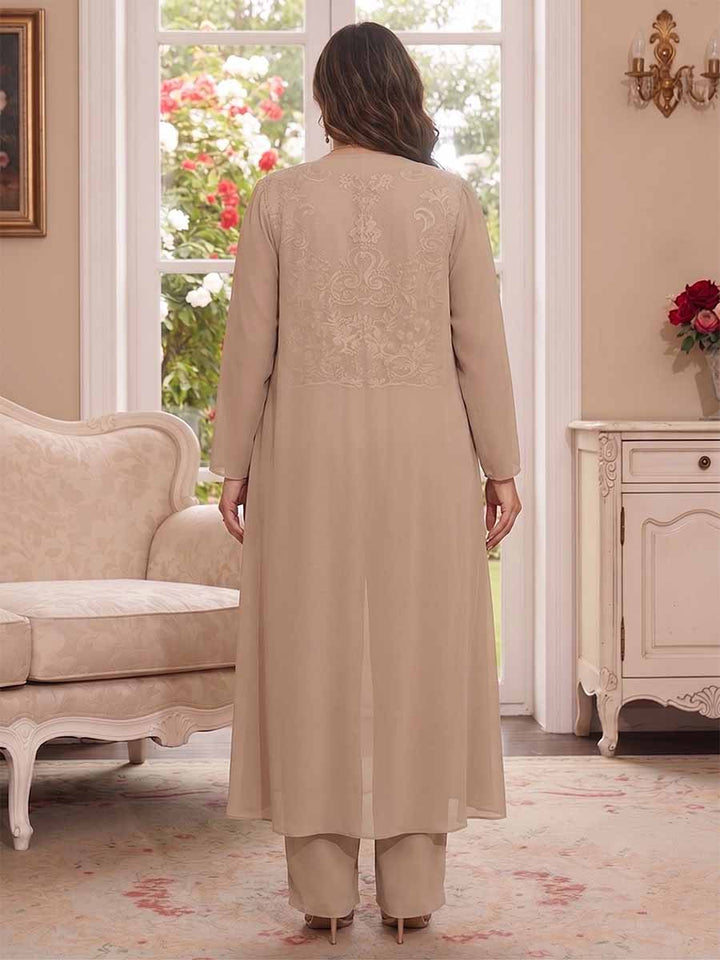 Chiffon Scoop Long Sleeves 3 Pieces Plus Size Pantsuits with Appliques &amp; Jacket