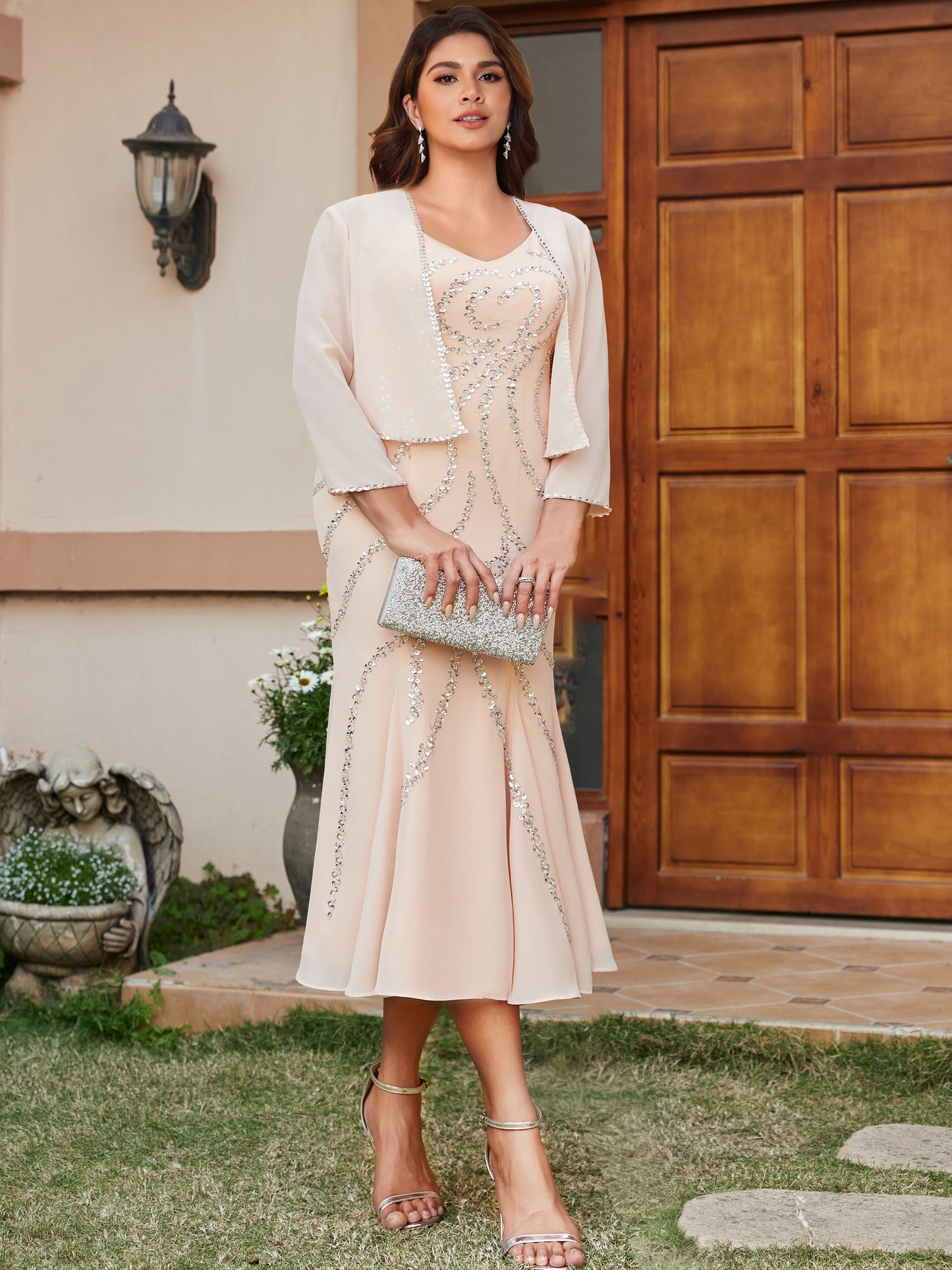 Sheath/Column V-Neck 3/4 Sleeves Long Plus Size Evening Dresses with Sequins & Jacket