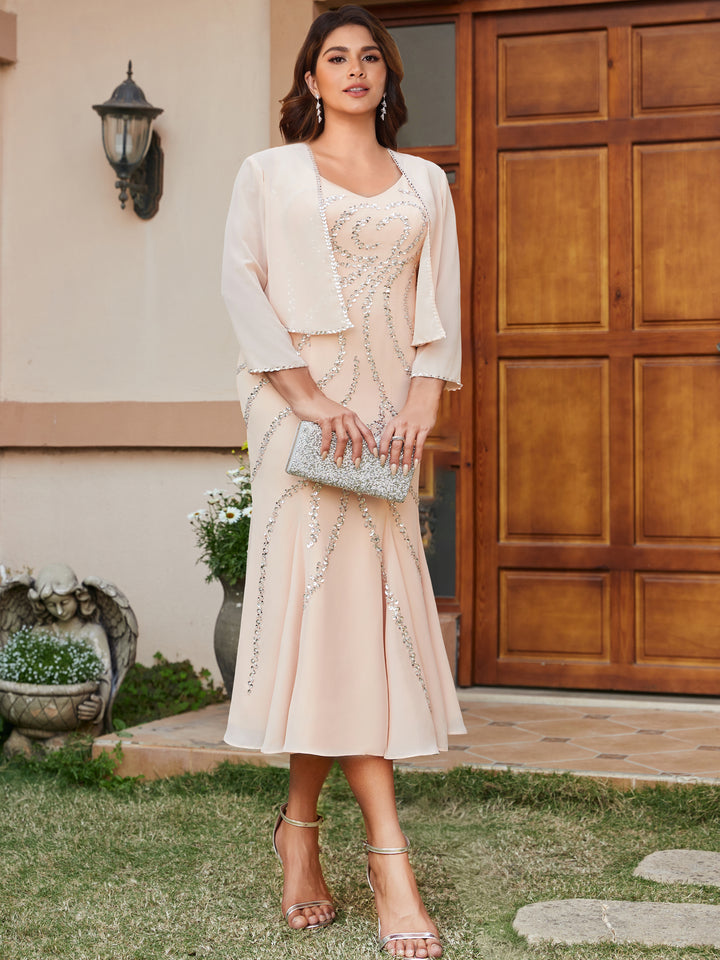 Sheath/Column V-Neck 3/4 Sleeves Long Plus Size Evening Dresses with Sequins &amp; Jacket