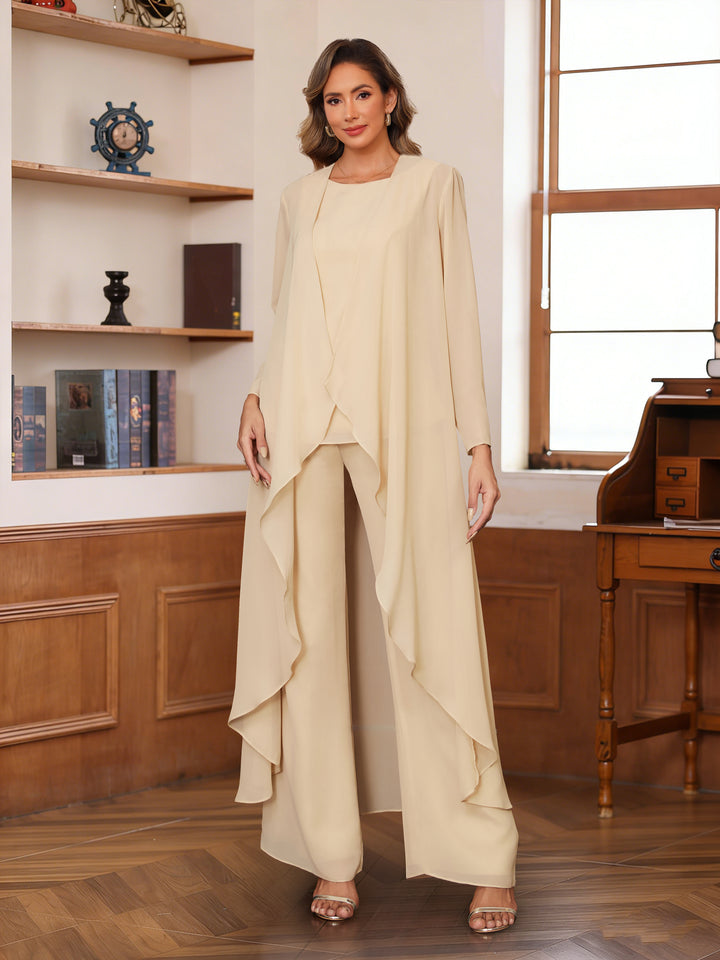 Chiffon Scoop Long Sleeves 3 Pieces Pantsuits with Jacket