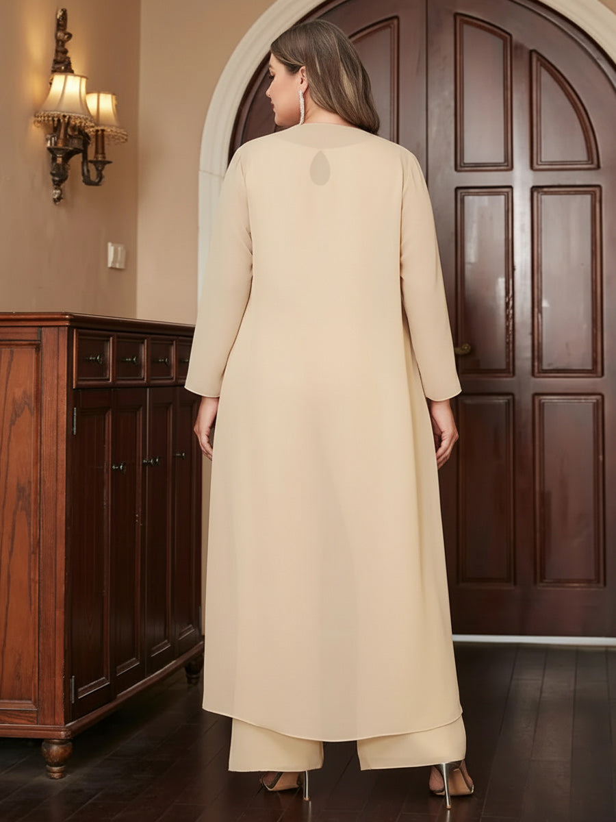 Chiffon Scoop Long Sleeves 3 Pieces Plus Size Pantsuits with Jacket