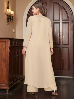 Chiffon Scoop Long Sleeves 3 Pieces Plus Size Pantsuits with Jacket