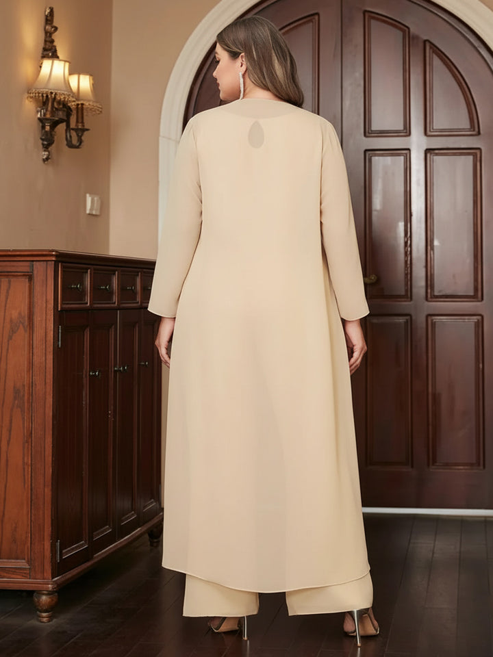 Chiffon Scoop Long Sleeves 3 Pieces Plus Size Pantsuits with Jacket