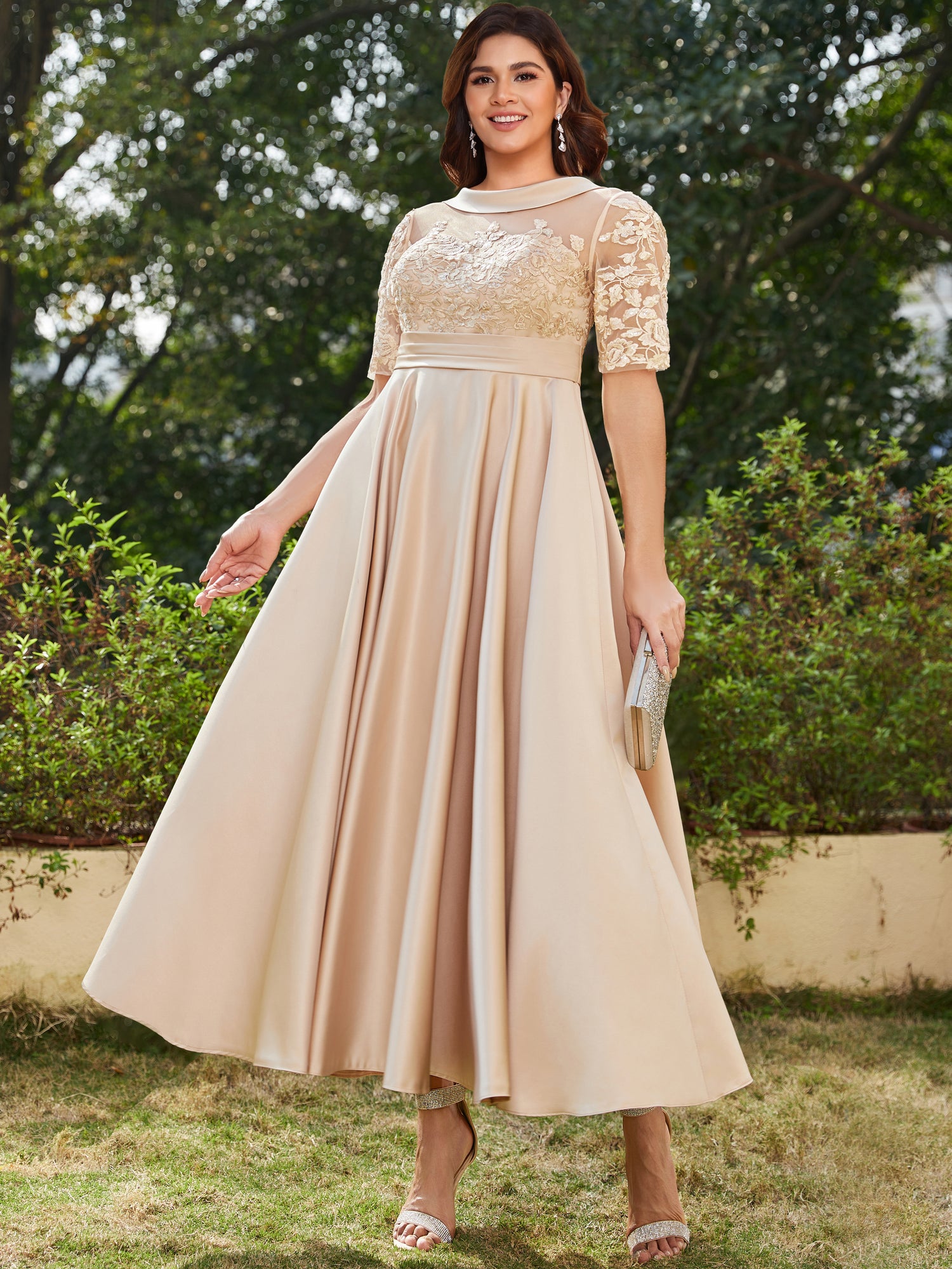 A-Line/Princess Scoop Half Sleeves Ankle-Length Long Plus Size Evening Dresses with Appliques