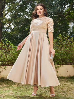 A-Line/Princess Scoop Half Sleeves Ankle-Length Long Plus Size Evening Dresses with Appliques