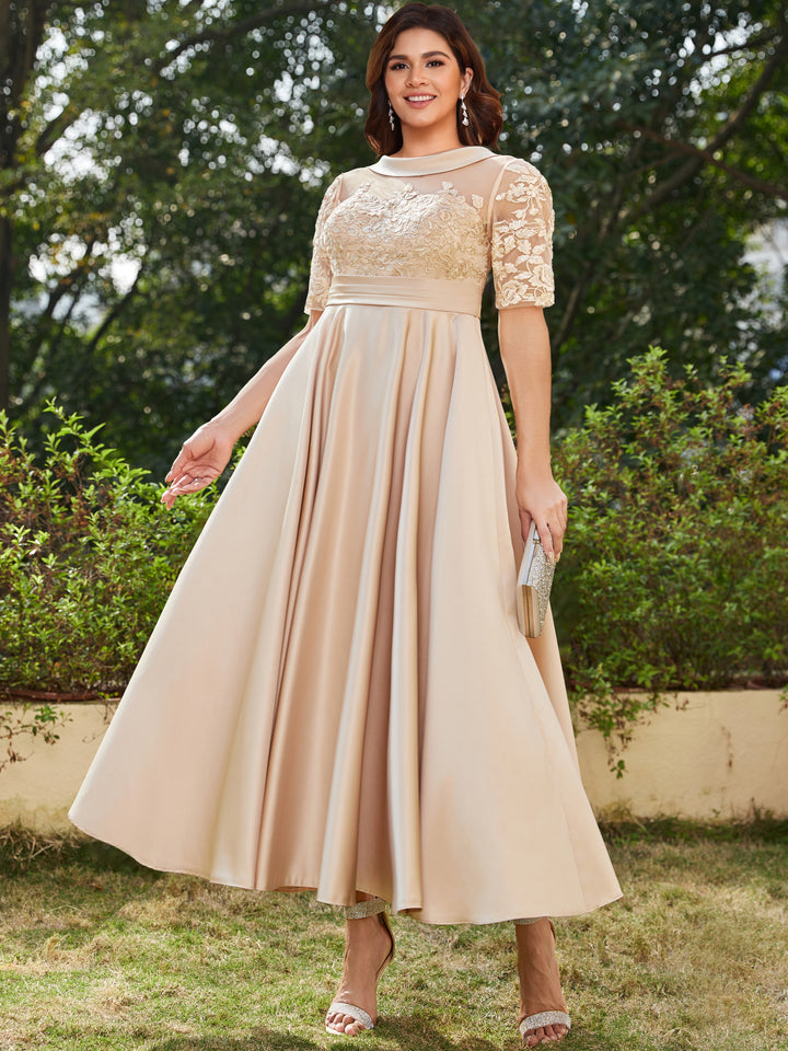 A-Line/Princess Scoop Half Sleeves Ankle-Length Long Plus Size Evening Dresses with Appliques