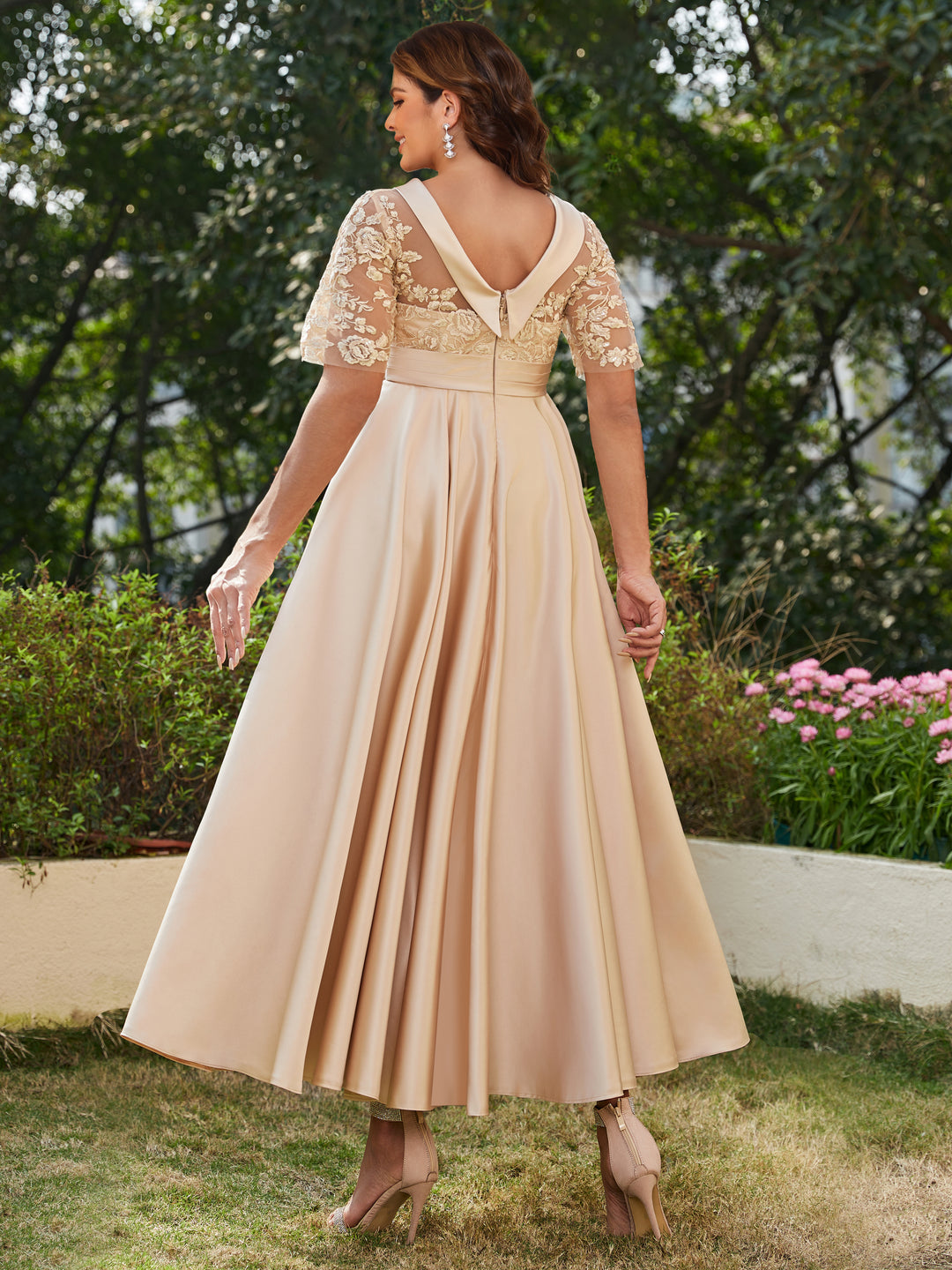 A-Line/Princess Scoop Half Sleeves Ankle-Length Long Plus Size Evening Dresses with Appliques