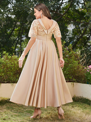 A-Line/Princess Scoop Half Sleeves Ankle-Length Long Plus Size Evening Dresses with Appliques