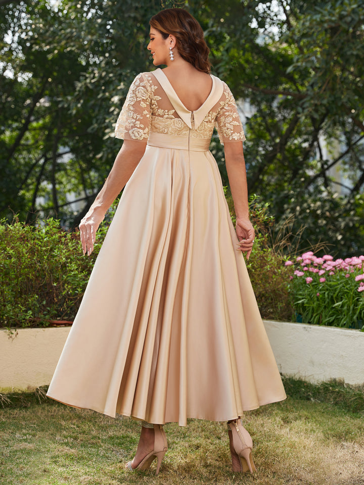 A-Line/Princess Scoop Half Sleeves Ankle-Length Long Plus Size Evening Dresses with Appliques