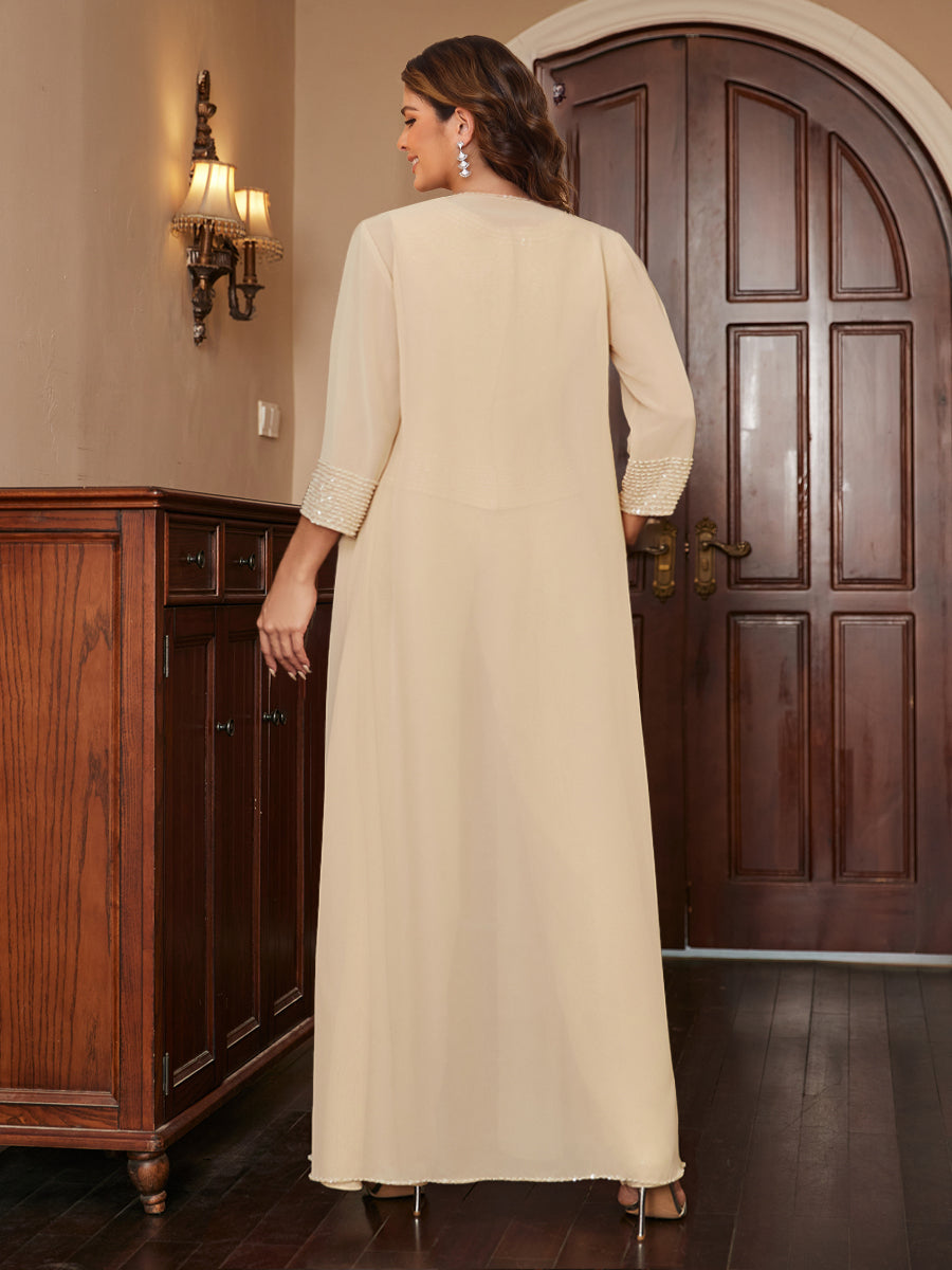 Chiffon Scoop 3/4 Sleeves 3 Pieces Plus Size Pantsuits with Sequins &amp; Jacket