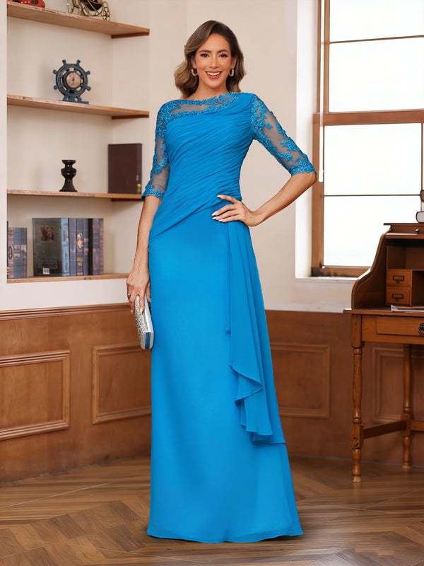 Sheath/Column Scoop Half Sleeves Long Evening Dresses with Appliques