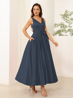 A-Line/Princess V Neck Sleeveless Long Evening Dresses with Bow Knot