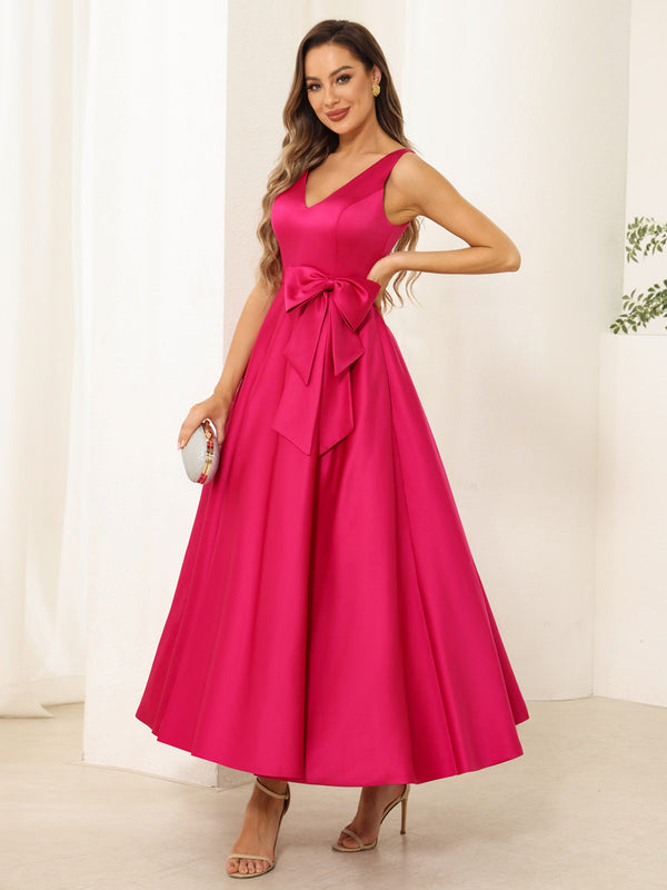 A-Line/Princess V Neck Sleeveless Long Evening Dresses with Bow Knot