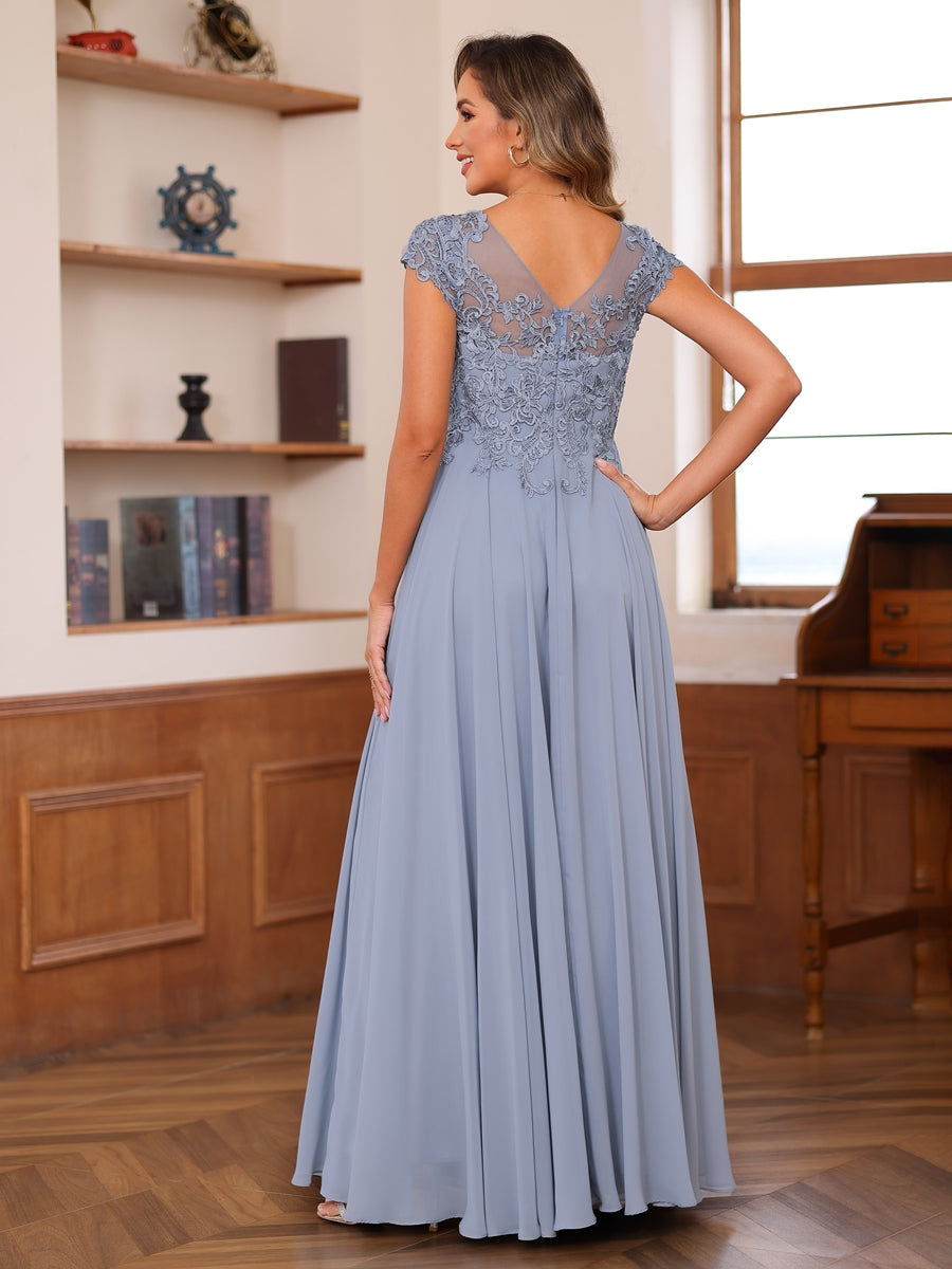 A-Line/Princess Scoop Short Sleeves Chiffon Mother of the Bride Dresses with Applique