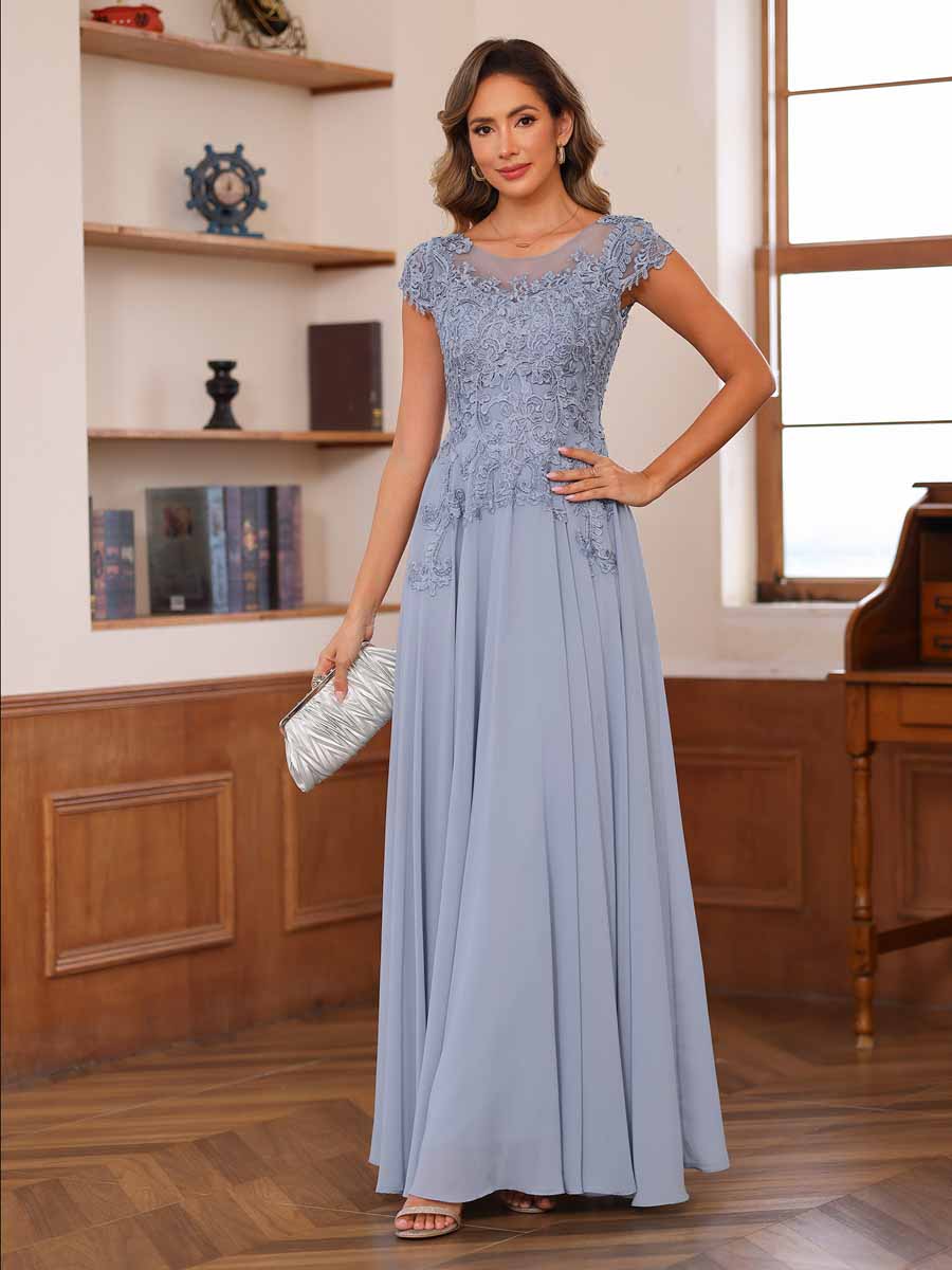 A-Line/Princess Scoop Short Sleeves Chiffon Mother of the Bride Dresses with Applique