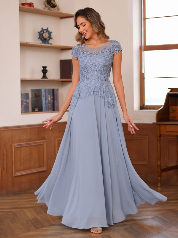 A-Line/Princess Scoop Short Sleeves Chiffon Mother of the Bride Dresses with Applique