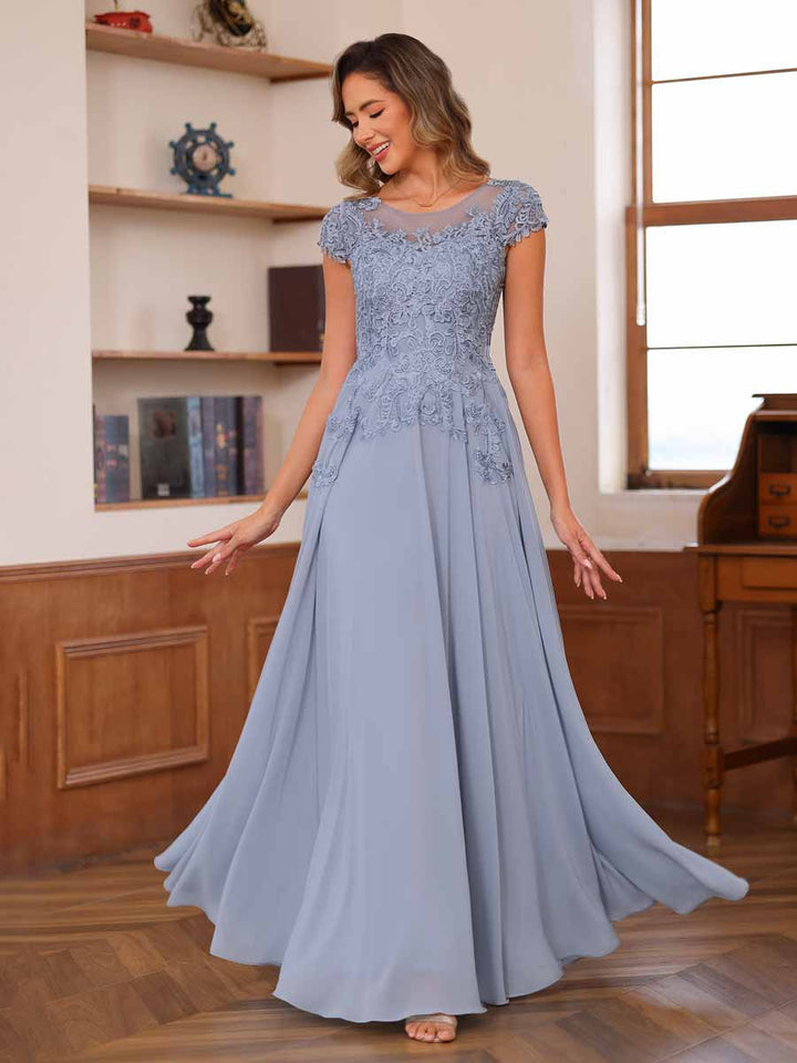 A-Line/Princess Scoop Short Sleeves Chiffon Mother of the Bride Dresses with Applique