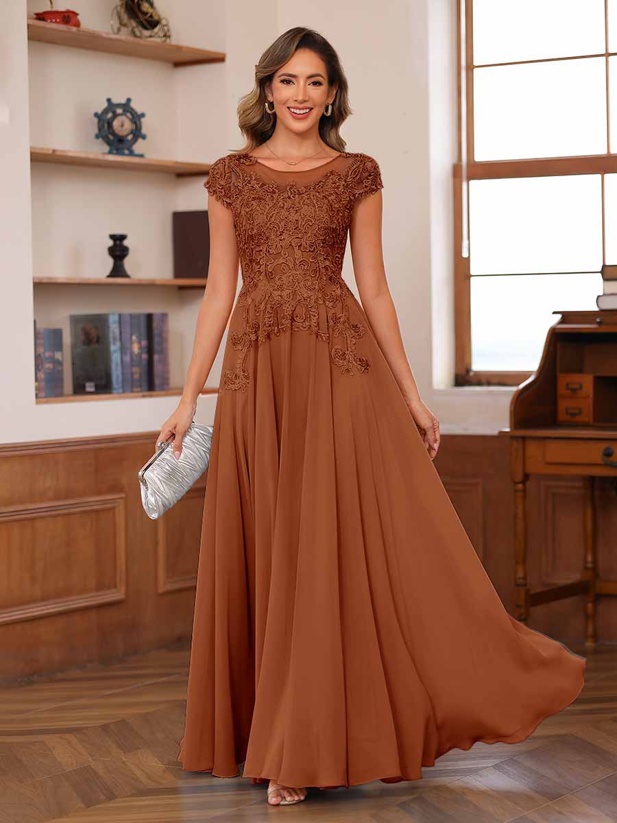 Lavetir Mother of the Bride Dresses Rust A-Line/Princess Scoop Short Sleeves Chiffon with Applique 2026