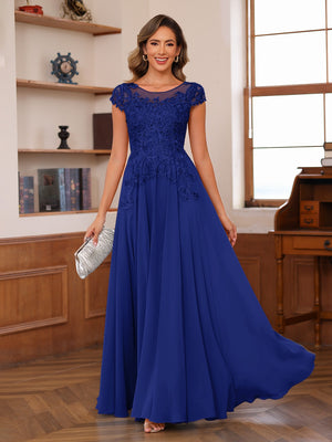 A-Line/Princess Scoop Short Sleeves Chiffon Mother of the Bride Dresses with Applique