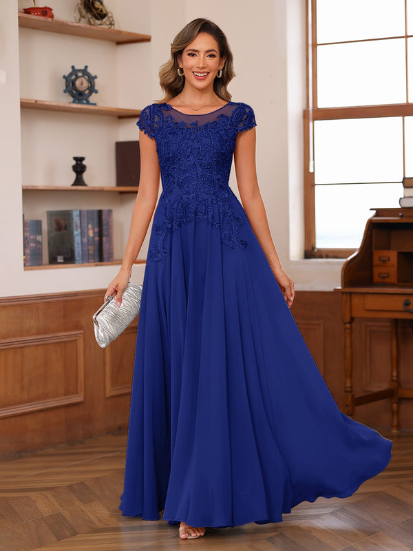 A-Line/Princess Scoop Short Sleeves Chiffon Mother of the Bride Dresses with Applique