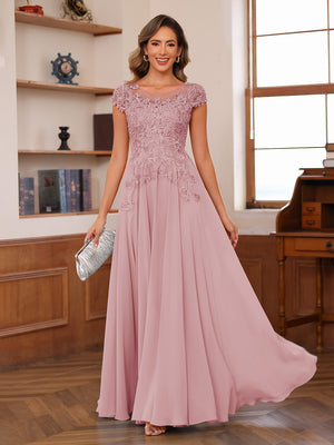 A-Line/Princess Scoop Short Sleeves Chiffon Mother of the Bride Dresses with Applique