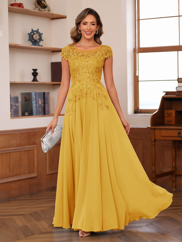 A-Line/Princess Scoop Short Sleeves Chiffon Mother of the Bride Dresses with Applique