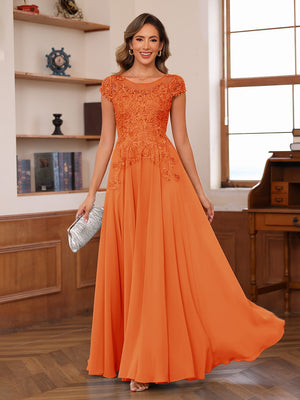 A-Line/Princess Scoop Short Sleeves Chiffon Mother of the Bride Dresses with Applique