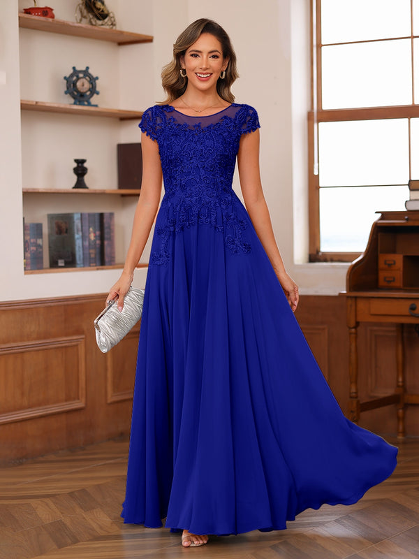 A-Line/Princess Scoop Short Sleeves Chiffon Mother of the Bride Dresses with Applique