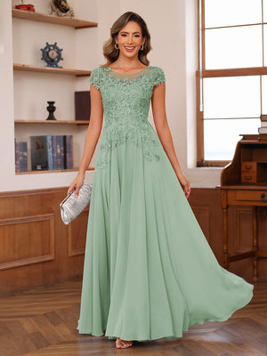 A-Line/Princess Scoop Short Sleeves Chiffon Mother of the Bride Dresses with Applique