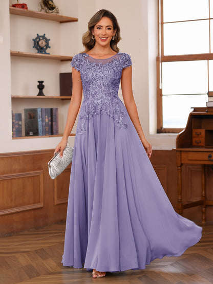 A-Line/Princess Scoop Short Sleeves Chiffon Mother of the Bride Dresses with Applique