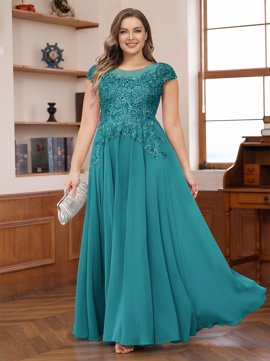 A-Line/Princess Scoop Short Sleeves Chiffon Plus Size Mother of the Bride Dresses with Applique