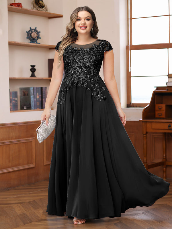 A-Line/Princess Scoop Short Sleeves Chiffon Plus Size Mother of the Bride Dresses with Applique