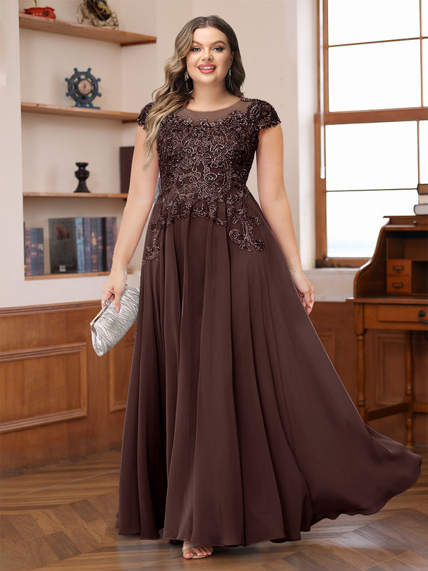 A-Line/Princess Scoop Short Sleeves Chiffon Plus Size Mother of the Bride Dresses with Applique
