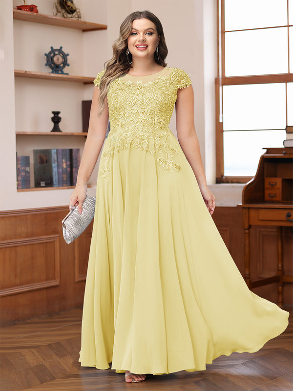 A-Line/Princess Scoop Short Sleeves Chiffon Plus Size Mother of the Bride Dresses with Applique