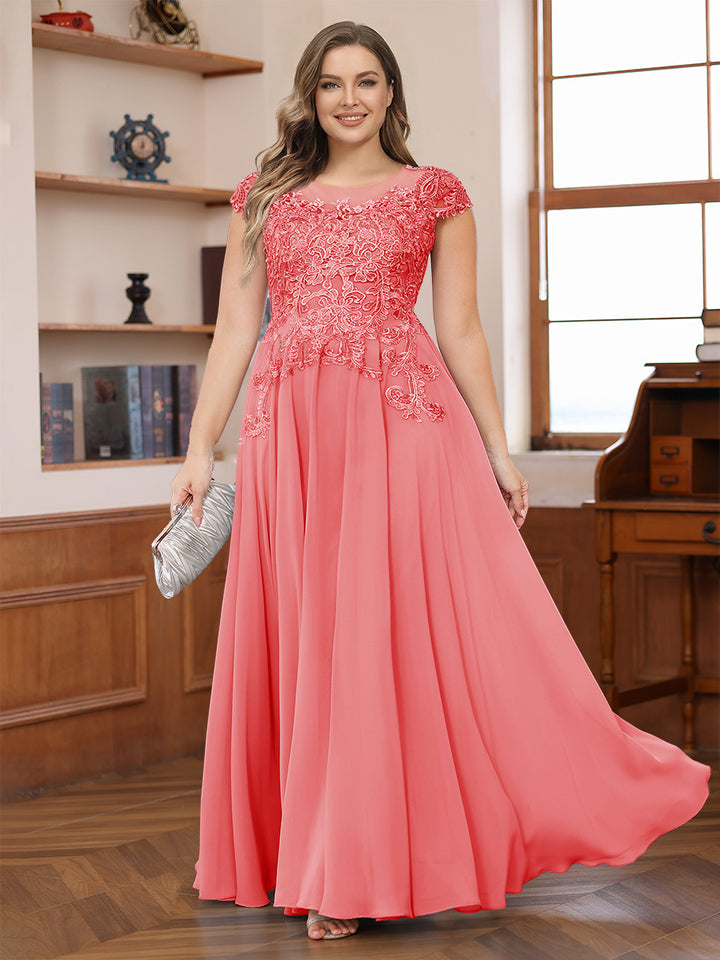 A-Line/Princess Scoop Short Sleeves Chiffon Plus Size Mother of the Bride Dresses with Applique