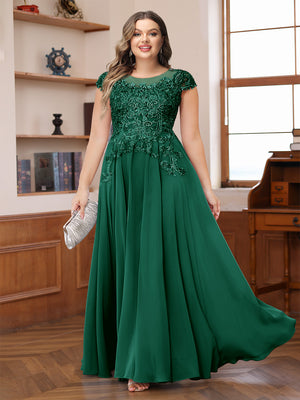 A-Line/Princess Scoop Short Sleeves Chiffon Plus Size Mother of the Bride Dresses with Applique