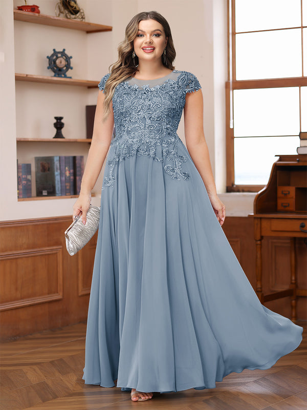 A-Line/Princess Scoop Short Sleeves Chiffon Plus Size Mother of the Bride Dresses with Applique