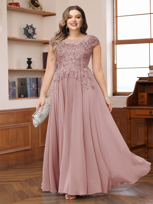 A-Line/Princess Scoop Short Sleeves Chiffon Plus Size Mother of the Bride Dresses with Applique