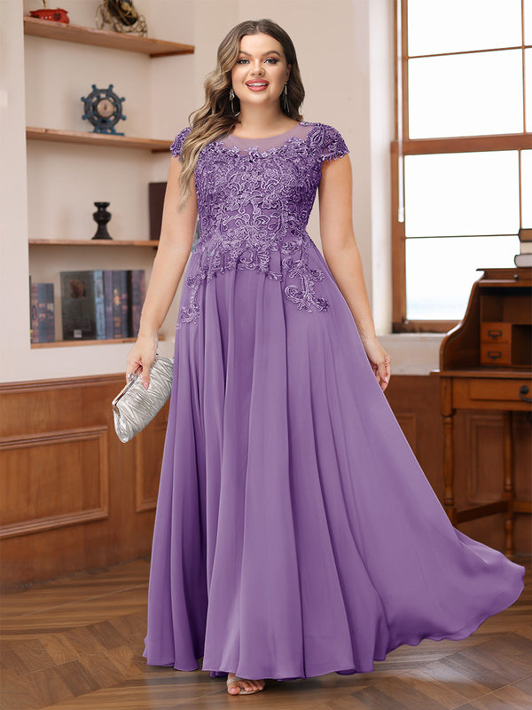 A-Line/Princess Scoop Short Sleeves Chiffon Plus Size Mother of the Bride Dresses with Applique