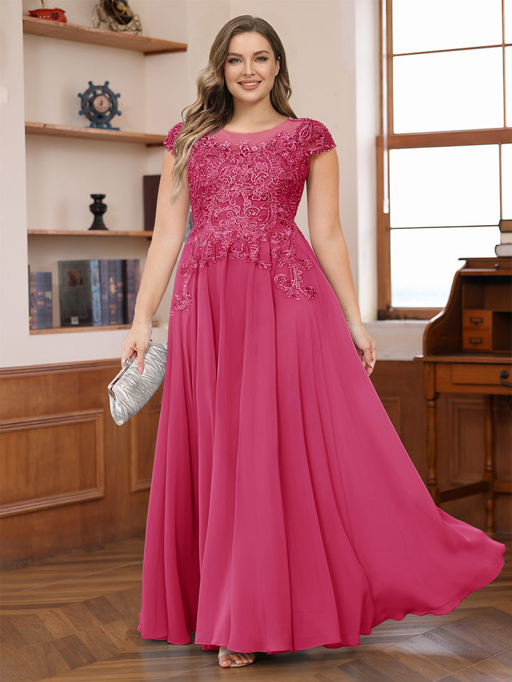 A-Line/Princess Scoop Short Sleeves Chiffon Plus Size Mother of the Bride Dresses with Applique