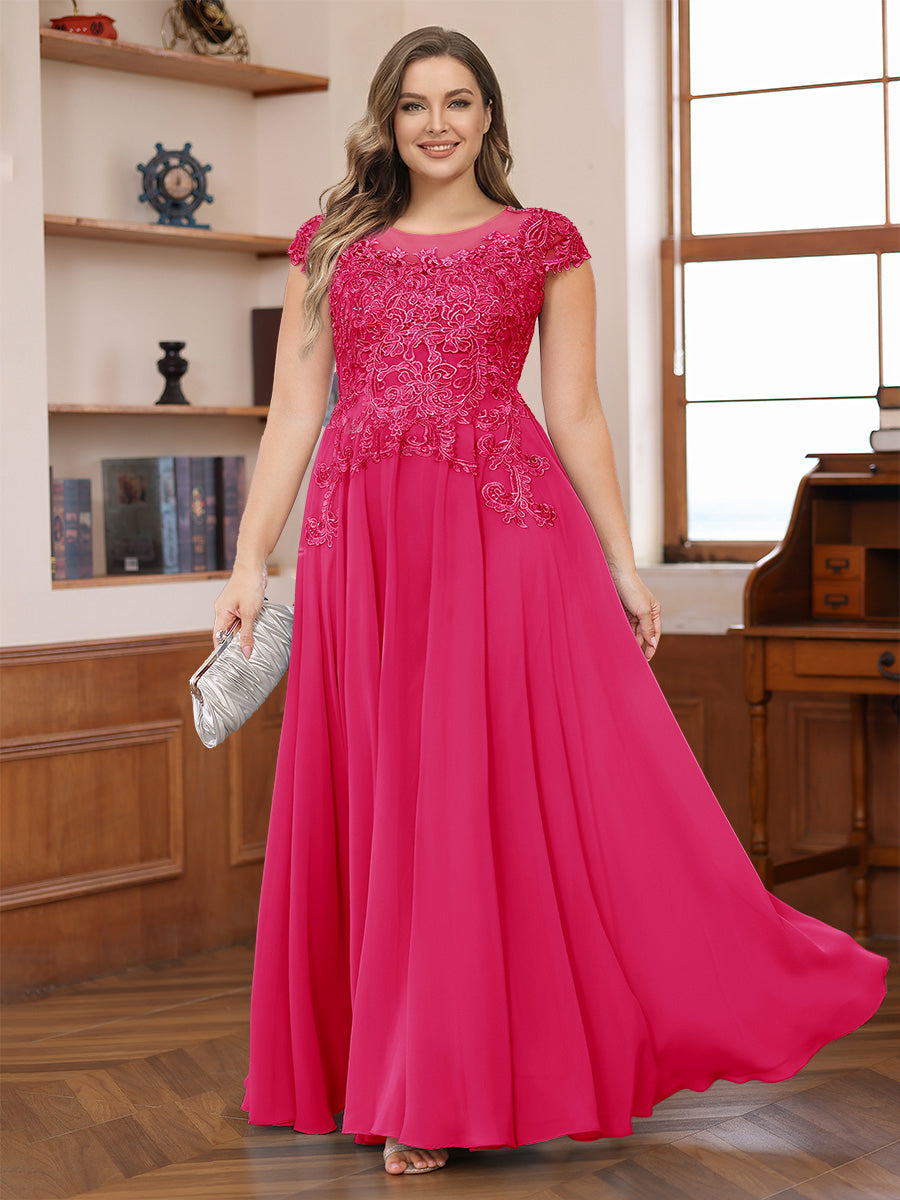 A-Line/Princess Scoop Short Sleeves Chiffon Plus Size Mother of the Bride Dresses with Applique