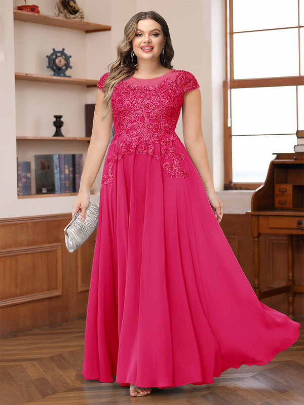 A-Line/Princess Scoop Short Sleeves Chiffon Plus Size Mother of the Bride Dresses with Applique