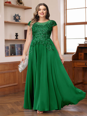A-Line/Princess Scoop Short Sleeves Chiffon Plus Size Mother of the Bride Dresses with Applique