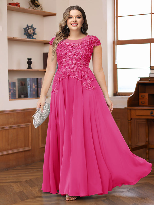 A-Line/Princess Scoop Short Sleeves Chiffon Plus Size Mother of the Bride Dresses with Applique