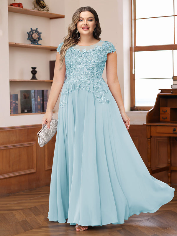 A-Line/Princess Scoop Short Sleeves Chiffon Plus Size Mother of the Bride Dresses with Applique