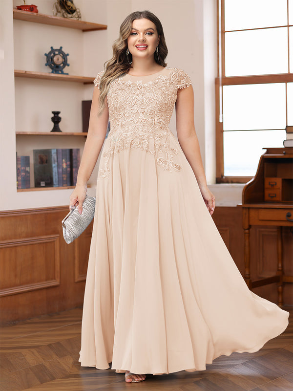 A-Line/Princess Scoop Short Sleeves Chiffon Plus Size Mother of the Bride Dresses with Applique